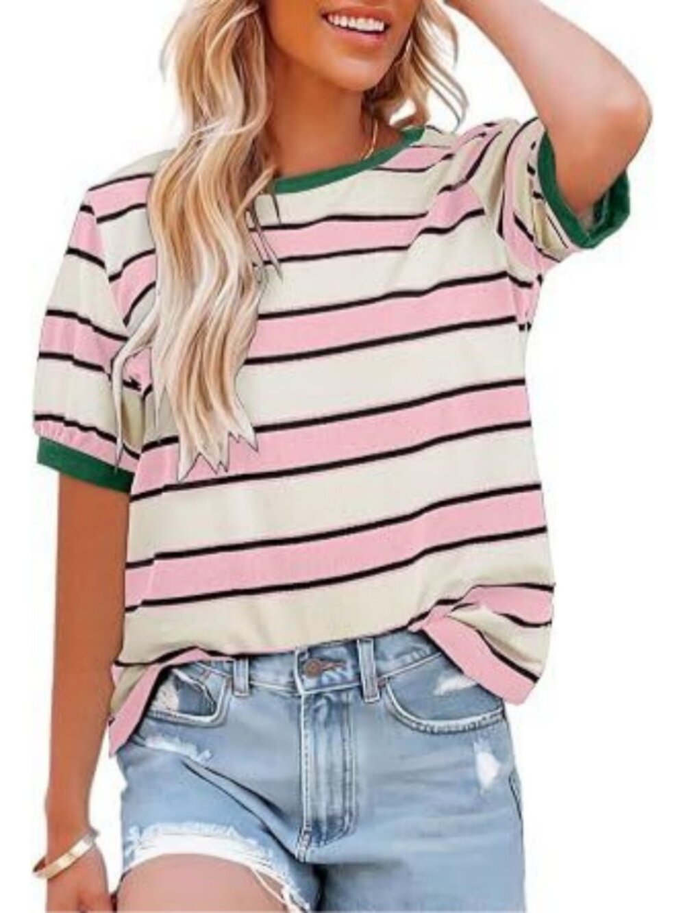 Womens Striped Color Block T Shirt Short Sleeve Crew Neck Casual Loose Fit Top